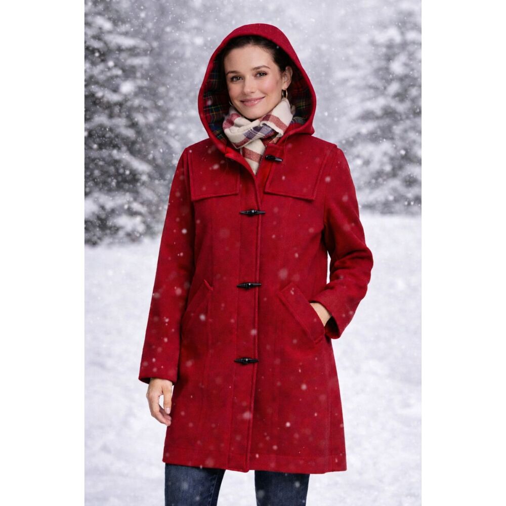 True Vintage L.L.Bean Red Wool Toggle Plaid Lined Hooded Coat Women's